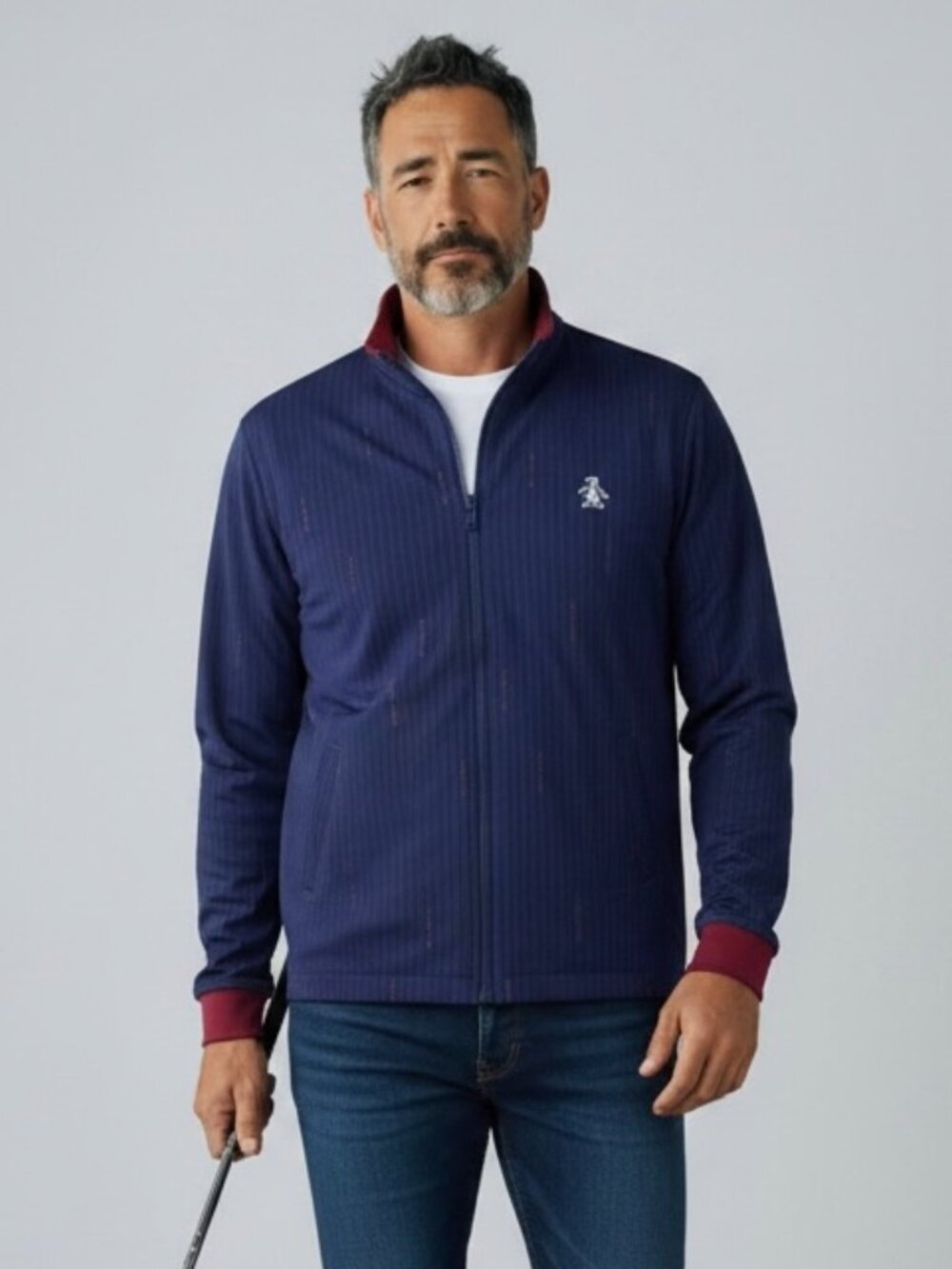 NEW Original Penguin Munsingwear Blue Pinstriped Golf Zip Up Jacket Mens Large